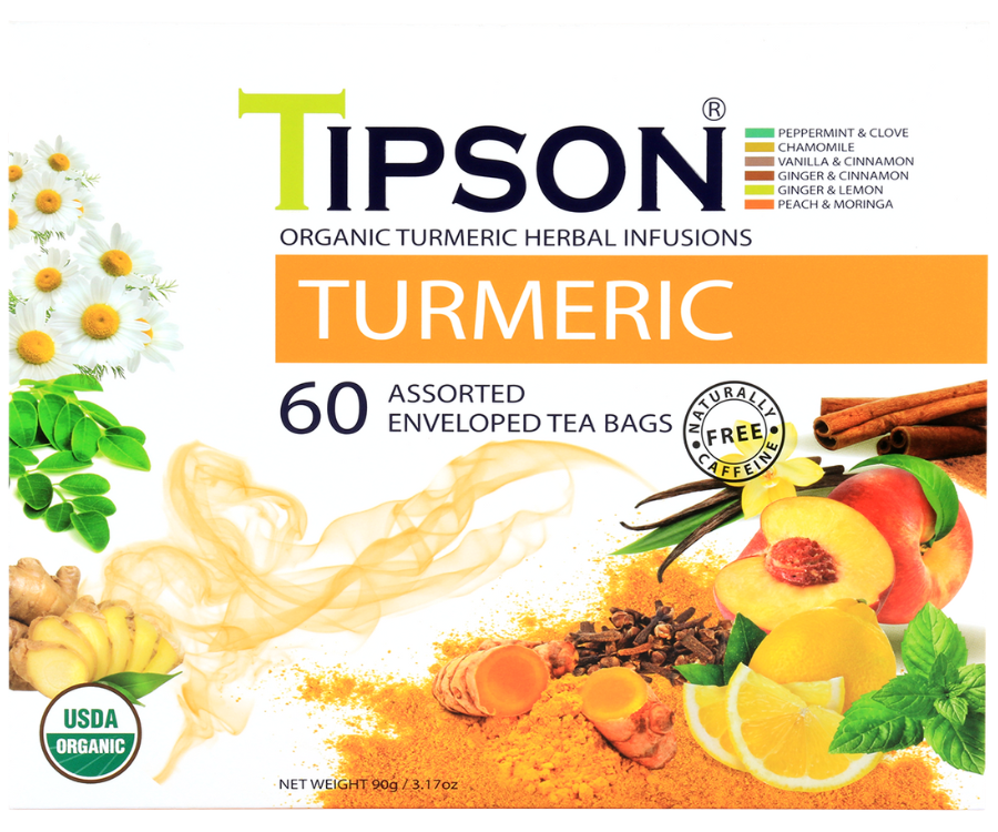 Tipson Turmeric Assorted – zestaw herbat z kolekcji organicznych naparów. W prezentowej herbaciarce znajduje się 6 smaków herbat ziołowych z dodatkami – owocami, ziołami i przyprawami. 