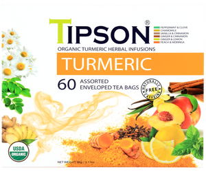 Tipson Turmeric Assorted – zestaw herbat z kolekcji organicznych naparów. W prezentowej herbaciarce znajduje się 6 smaków herbat ziołowych z dodatkami – owocami, ziołami i przyprawami. 