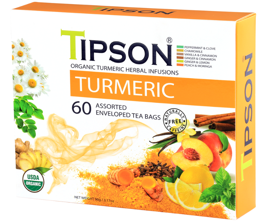 Tipson Turmeric Assorted – zestaw herbat z kolekcji organicznych naparów. W prezentowej herbaciarce znajduje się 6 smaków herbat ziołowych z dodatkami – owocami, ziołami i przyprawami. 