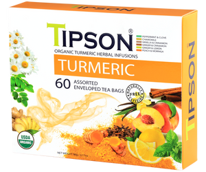 Tipson Turmeric Assorted – zestaw herbat z kolekcji organicznych naparów. W prezentowej herbaciarce znajduje się 6 smaków herbat ziołowych z dodatkami – owocami, ziołami i przyprawami. 