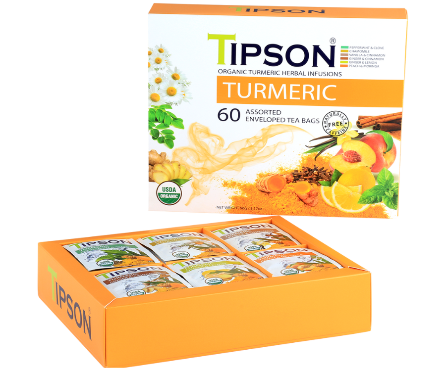 Tipson Turmeric Assorted – zestaw herbat z kolekcji organicznych naparów. W prezentowej herbaciarce znajduje się 6 smaków herbat ziołowych z dodatkami – owocami, ziołami i przyprawami. 