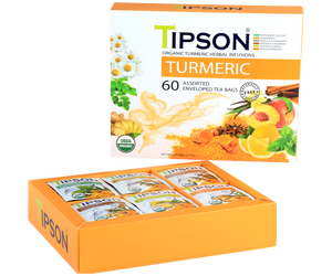 Tipson Turmeric Assorted – zestaw herbat z kolekcji organicznych naparów. W prezentowej herbaciarce znajduje się 6 smaków herbat ziołowych z dodatkami – owocami, ziołami i przyprawami. 