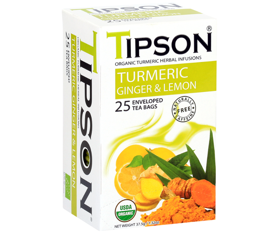 Tipson Turmeric Ginger & Lemon – ziołowa herbata z trawą cytrynową, imbirem, kurkumą, rumiankiem, bazylią i cytryną. Kopertowane saszetki zostały umieszczone w ozdobnym pudełku.