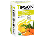 Tipson Turmeric Ginger & Lemon – ziołowa herbata z trawą cytrynową, imbirem, kurkumą, rumiankiem, bazylią i cytryną. Kopertowane saszetki zostały umieszczone w ozdobnym pudełku.