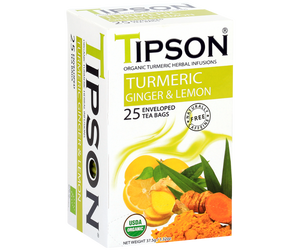 Tipson Turmeric Ginger & Lemon – ziołowa herbata z trawą cytrynową, imbirem, kurkumą, rumiankiem, bazylią i cytryną. Kopertowane saszetki zostały umieszczone w ozdobnym pudełku.