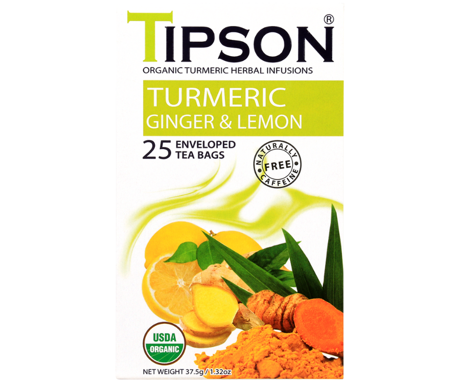 Tipson Turmeric Ginger & Lemon – ziołowa herbata z trawą cytrynową, imbirem, kurkumą, rumiankiem, bazylią i cytryną. Kopertowane saszetki zostały umieszczone w ozdobnym pudełku.