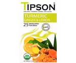 Tipson Turmeric Ginger & Lemon – ziołowa herbata z trawą cytrynową, imbirem, kurkumą, rumiankiem, bazylią i cytryną. Kopertowane saszetki zostały umieszczone w ozdobnym pudełku.