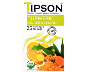 Tipson Turmeric Ginger & Lemon – ziołowa herbata z trawą cytrynową, imbirem, kurkumą, rumiankiem, bazylią i cytryną. Kopertowane saszetki zostały umieszczone w ozdobnym pudełku.