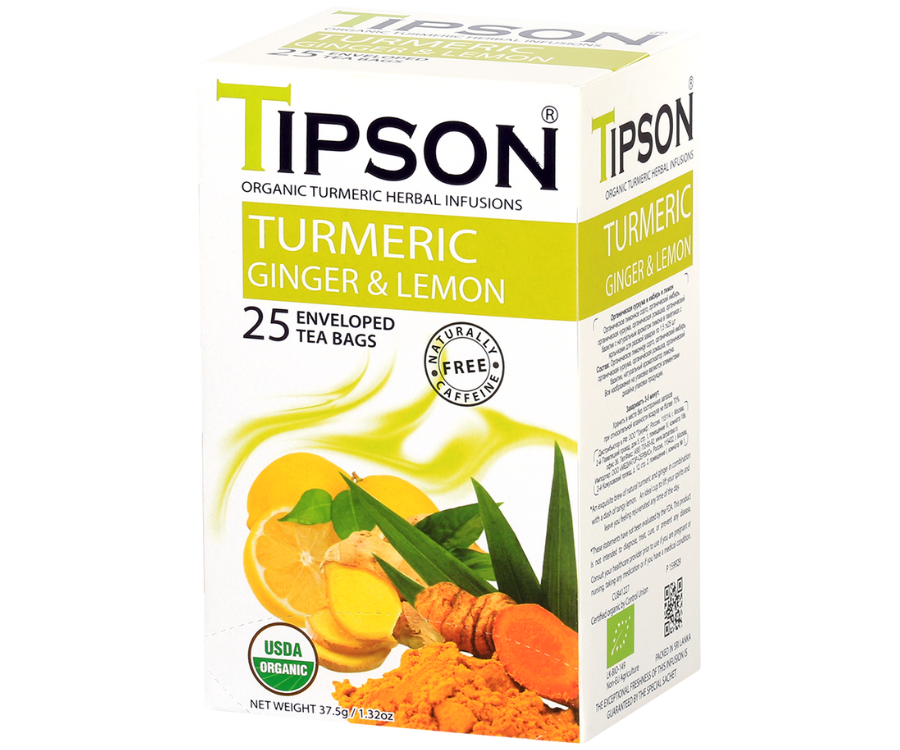 Tipson Turmeric Ginger & Lemon – ziołowa herbata z trawą cytrynową, imbirem, kurkumą, rumiankiem, bazylią i cytryną. Kopertowane saszetki zostały umieszczone w ozdobnym pudełku.