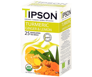 Tipson Turmeric Ginger & Lemon – ziołowa herbata z trawą cytrynową, imbirem, kurkumą, rumiankiem, bazylią i cytryną. Kopertowane saszetki zostały umieszczone w ozdobnym pudełku.