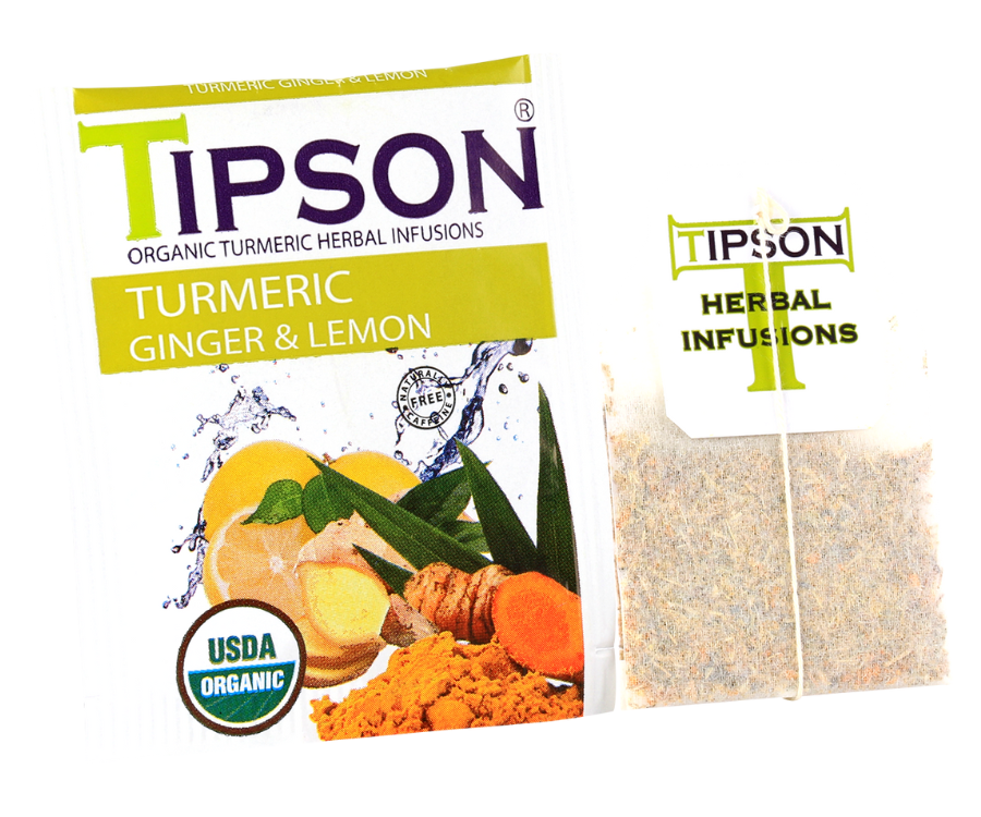 Tipson Turmeric Ginger & Lemon – ziołowa herbata z trawą cytrynową, imbirem, kurkumą, rumiankiem, bazylią i cytryną. Kopertowane saszetki zostały umieszczone w ozdobnym pudełku.