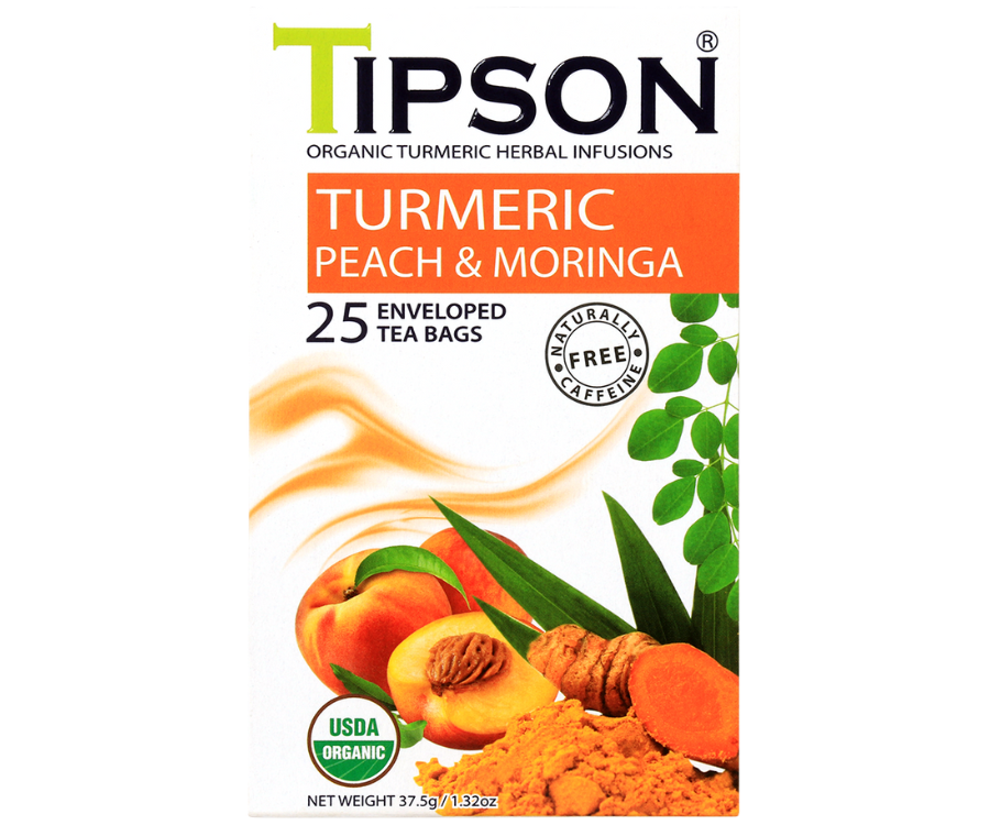 Tipson Turmeric Peach & Moringa – ziołowa herbata z trawą cytrynową, moringą, kurkumą i brzoskwinią. Kopertowane saszetki zostały umieszczone w ozdobnym pudełku.