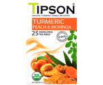 Tipson Turmeric Peach & Moringa – ziołowa herbata z trawą cytrynową, moringą, kurkumą i brzoskwinią. Kopertowane saszetki zostały umieszczone w ozdobnym pudełku.