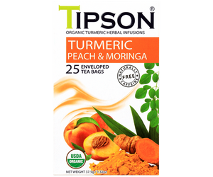 Tipson Turmeric Peach & Moringa – ziołowa herbata z trawą cytrynową, moringą, kurkumą i brzoskwinią. Kopertowane saszetki zostały umieszczone w ozdobnym pudełku.