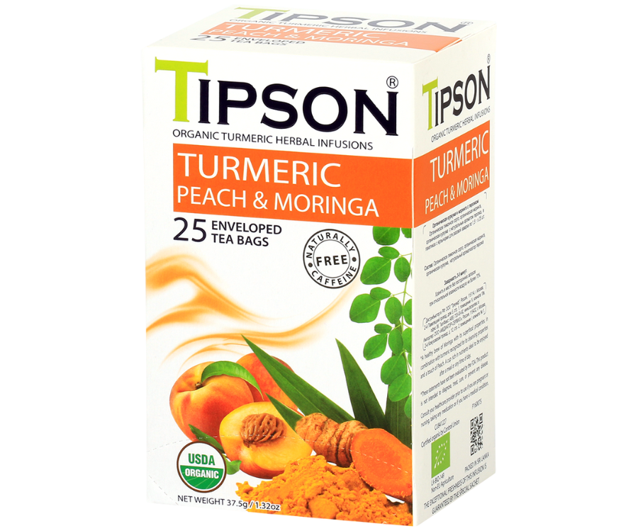 Tipson Turmeric Peach & Moringa – ziołowa herbata z trawą cytrynową, moringą, kurkumą i brzoskwinią. Kopertowane saszetki zostały umieszczone w ozdobnym pudełku.