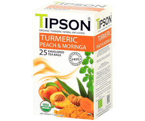 Tipson Turmeric Peach & Moringa – ziołowa herbata z trawą cytrynową, moringą, kurkumą i brzoskwinią. Kopertowane saszetki zostały umieszczone w ozdobnym pudełku.