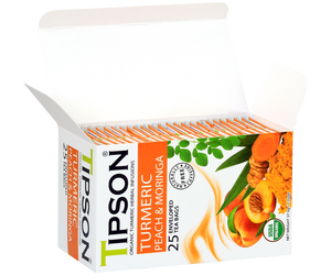 Tipson Turmeric Peach & Moringa – ziołowa herbata z trawą cytrynową, moringą, kurkumą i brzoskwinią. Kopertowane saszetki zostały umieszczone w ozdobnym pudełku.