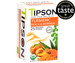 Tipson Turmeric Peach & Moringa – ziołowa herbata z trawą cytrynową, moringą, kurkumą i brzoskwinią. Kopertowane saszetki zostały umieszczone w ozdobnym pudełku.
