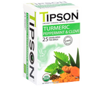 Tipson Turmeric Peppermint & Clove – ziołowa herbata z trawą cytrynową, goździkami, rumiankiem, kurkumą, miętą pieprzową, moringą i bazylią. Kopertowane saszetki zostały umieszczone w ozdobnym pudełku.