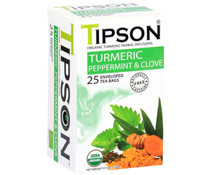 Tipson Turmeric Peppermint & Clove – ziołowa herbata z trawą cytrynową, goździkami, rumiankiem, kurkumą, miętą pieprzową, moringą i bazylią. Kopertowane saszetki zostały umieszczone w ozdobnym pudełku.