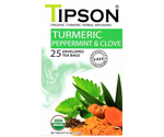 Tipson Turmeric Peppermint & Clove – ziołowa herbata z trawą cytrynową, goździkami, rumiankiem, kurkumą, miętą pieprzową, moringą i bazylią. Kopertowane saszetki zostały umieszczone w ozdobnym pudełku.