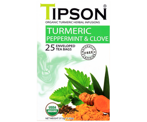 Tipson Turmeric Peppermint & Clove – ziołowa herbata z trawą cytrynową, goździkami, rumiankiem, kurkumą, miętą pieprzową, moringą i bazylią. Kopertowane saszetki zostały umieszczone w ozdobnym pudełku.