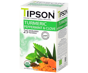 Tipson Turmeric Peppermint & Clove – ziołowa herbata z trawą cytrynową, goździkami, rumiankiem, kurkumą, miętą pieprzową, moringą i bazylią. Kopertowane saszetki zostały umieszczone w ozdobnym pudełku.