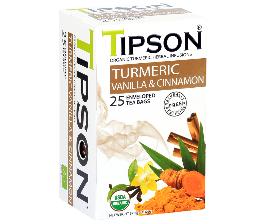 Tipson Turmeric Vanilla & Cinnamon – ziołowa herbata z cynamonem, trawą cytrynową, kurkumą, rumiankiem i wanilią. Kopertowane saszetki zostały umieszczone w ozdobnym pudełku.