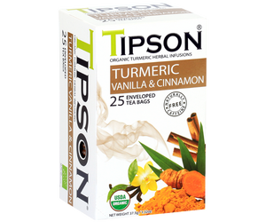 Tipson Turmeric Vanilla & Cinnamon – ziołowa herbata z cynamonem, trawą cytrynową, kurkumą, rumiankiem i wanilią. Kopertowane saszetki zostały umieszczone w ozdobnym pudełku.