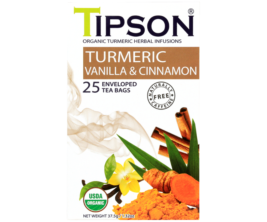 Tipson Turmeric Vanilla & Cinnamon – ziołowa herbata z cynamonem, trawą cytrynową, kurkumą, rumiankiem i wanilią. Kopertowane saszetki zostały umieszczone w ozdobnym pudełku.