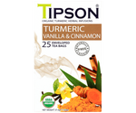 Tipson Turmeric Vanilla & Cinnamon – ziołowa herbata z cynamonem, trawą cytrynową, kurkumą, rumiankiem i wanilią. Kopertowane saszetki zostały umieszczone w ozdobnym pudełku.