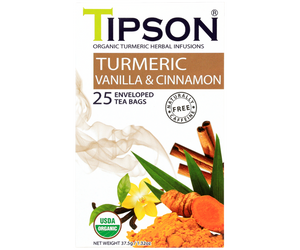 Tipson Turmeric Vanilla & Cinnamon – ziołowa herbata z cynamonem, trawą cytrynową, kurkumą, rumiankiem i wanilią. Kopertowane saszetki zostały umieszczone w ozdobnym pudełku.