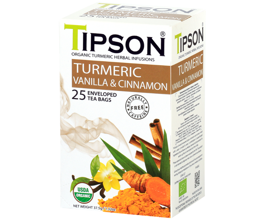 Tipson Turmeric Vanilla & Cinnamon – ziołowa herbata z cynamonem, trawą cytrynową, kurkumą, rumiankiem i wanilią. Kopertowane saszetki zostały umieszczone w ozdobnym pudełku.