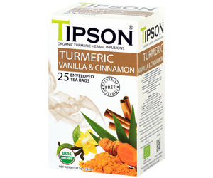 Tipson Turmeric Vanilla & Cinnamon – ziołowa herbata z cynamonem, trawą cytrynową, kurkumą, rumiankiem i wanilią. Kopertowane saszetki zostały umieszczone w ozdobnym pudełku.