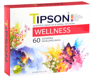 Tipson Wellnsess Assorted – zestaw herbat z kolekcji Wellness. 6 smaków w kopertowanych saszetkach zapakowanych w ozdobną herbaciarkę z motywem kwiatów, motyli i górskiego krajobrazu.