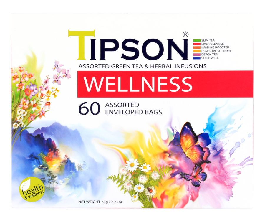 Tipson Wellnsess Assorted – zestaw herbat z kolekcji Wellness. 6 smaków w kopertowanych saszetkach zapakowanych w ozdobną herbaciarkę z motywem kwiatów, motyli i górskiego krajobrazu.