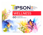 Tipson Wellnsess Assorted – zestaw herbat z kolekcji Wellness. 6 smaków w kopertowanych saszetkach zapakowanych w ozdobną herbaciarkę z motywem kwiatów, motyli i górskiego krajobrazu.