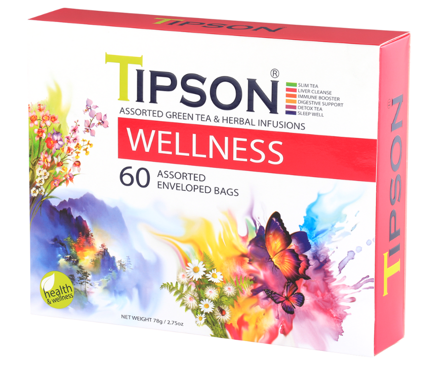 Tipson Wellnsess Assorted – zestaw herbat z kolekcji Wellness. 6 smaków w kopertowanych saszetkach zapakowanych w ozdobną herbaciarkę z motywem kwiatów, motyli i górskiego krajobrazu.