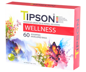 Tipson Wellnsess Assorted – zestaw herbat z kolekcji Wellness. 6 smaków w kopertowanych saszetkach zapakowanych w ozdobną herbaciarkę z motywem kwiatów, motyli i górskiego krajobrazu.