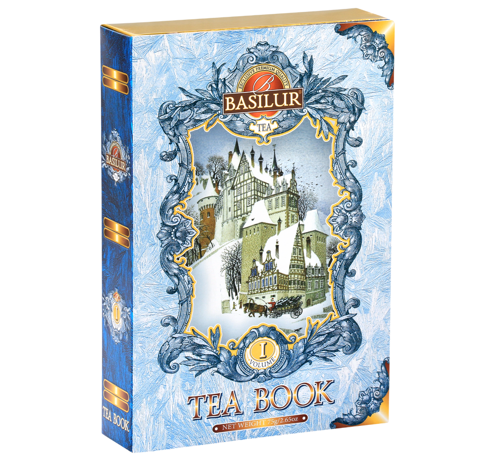 Basilur Tea Book herbata czarna w ozdobnym kartoniku w kształcie książki z zimowym motywem. 
