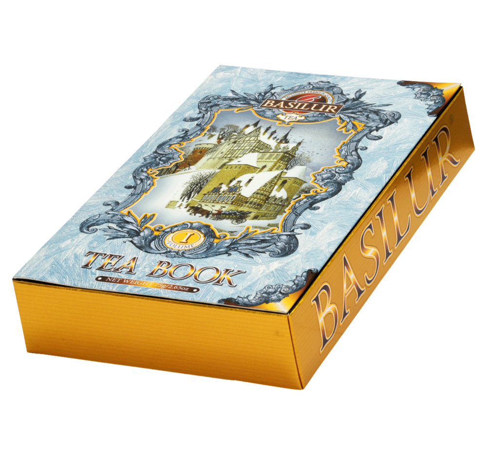 Basilur Tea Book herbata czarna w ozdobnym kartoniku w kształcie książki z zimowym motywem. 