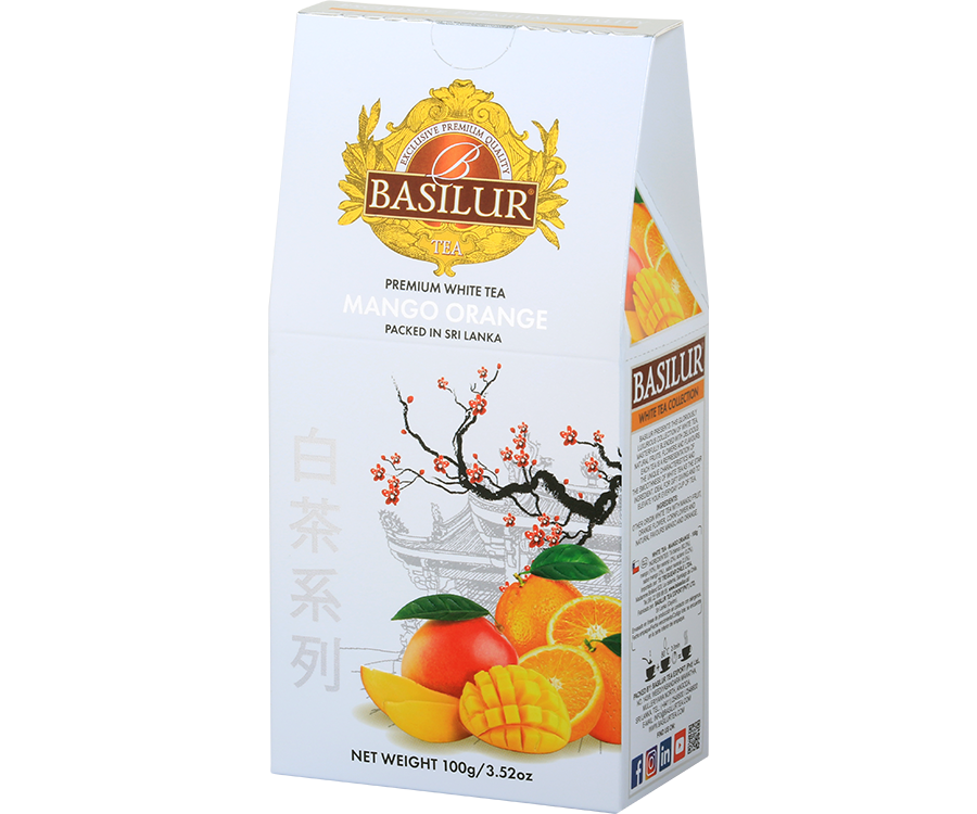 Basilur White Tea Mango Orange - herbata biała liściasta z dodatkiem mango i pomarańczy.