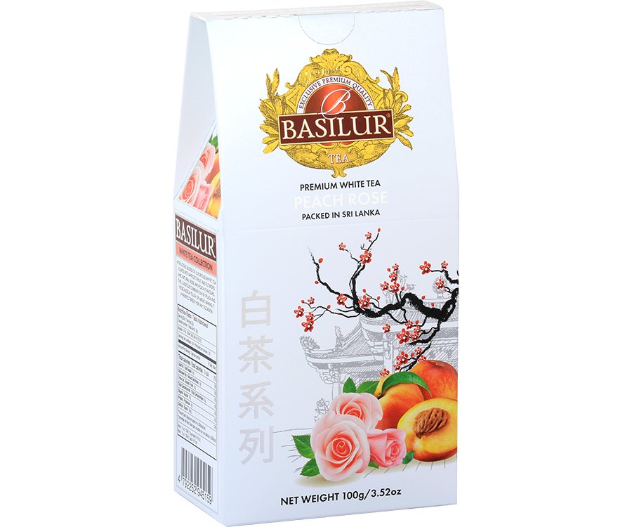 Basilur White Tea Peach Rose - listki białej herbaty z dodatkiem brzoskwini i płatków róży. 