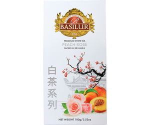 Basilur White Tea Peach Rose - biała herbata z różą i brzoskwinią w ozdobnym, białym pudełku na prezent.