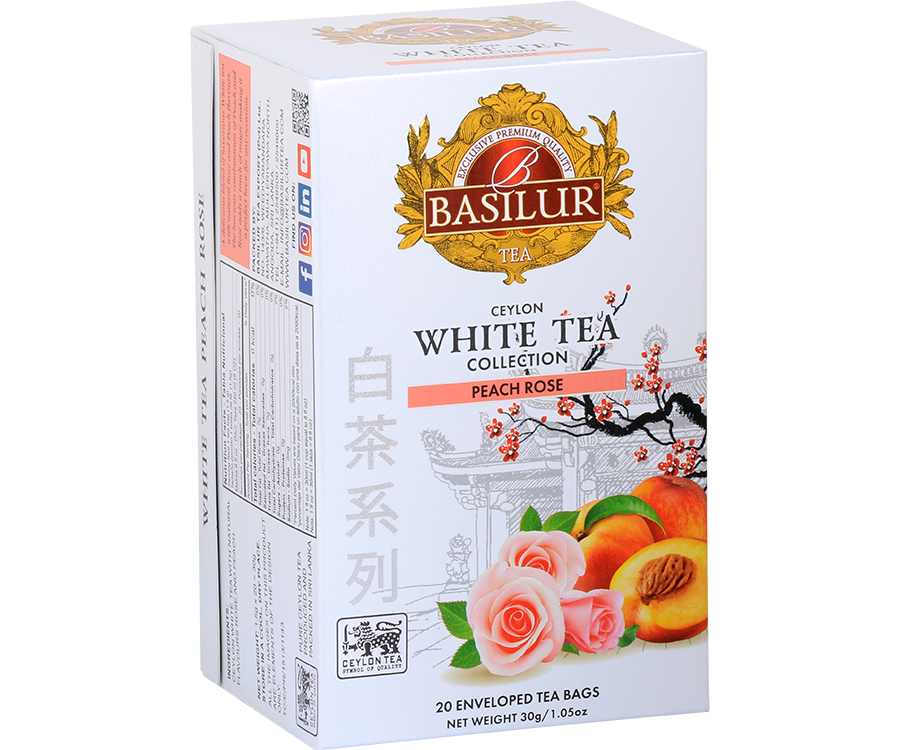 Basilur White Tea Peach Rose - biała herbata z różą i brzoskwinią w ozdobnym, białym pudełku z logo Basilur.
